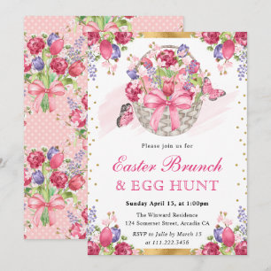 Invitation Panier floral rose et papillons Brunch de Pâques