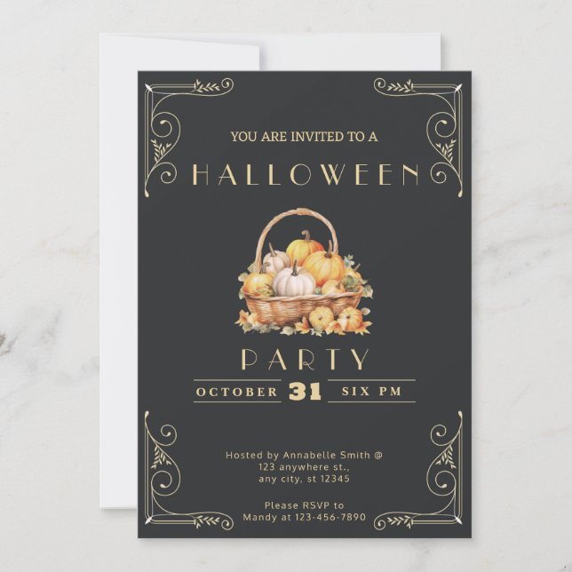 Invitation Panier noir et or Citrouille Halloween en tableau  (Devant)