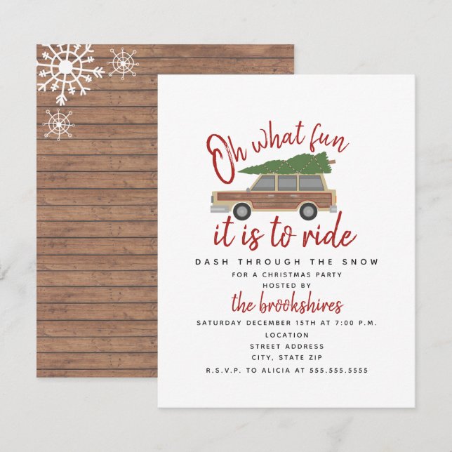 Invitation Panneau de bois voiture Noël Arbre Oh Quelle fête  (Devant / Derrière)