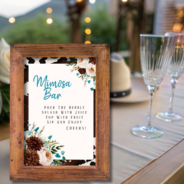 Invitation Panneau de la barre de Mimosa de Boho Ouest Fleur  (Western Boho Wildflowers Turquoise Mimosa Bar Sign)