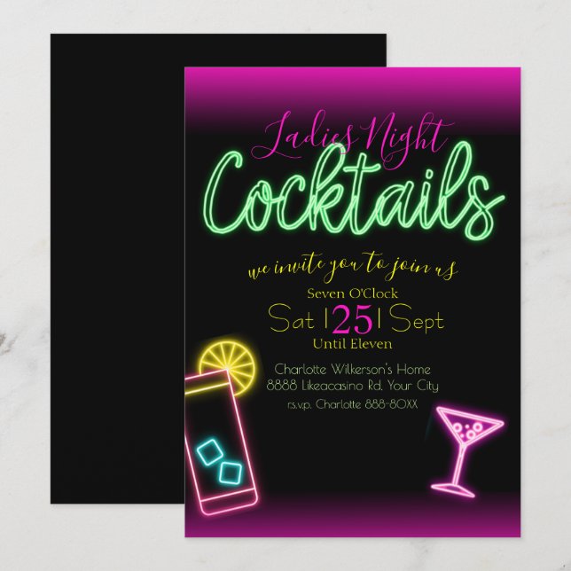 Invitation Panneau de nuit Neon Dames Cocktail Party (Devant / Derrière)