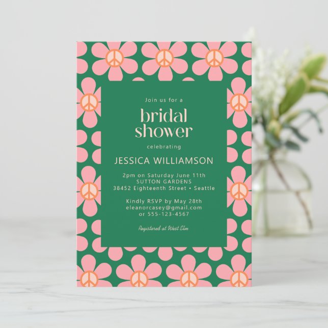 Invitation Panneau de Paix Hippie Retro Fleur Vert Rose Douch (Debout devant)