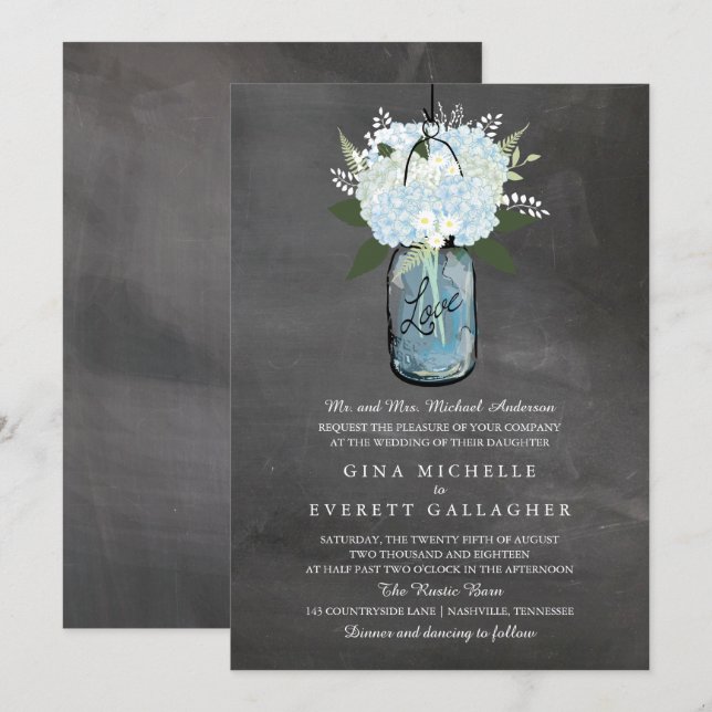 Invitation Panneau de signalisation bleu Hydrangea Mason Jar  (Devant / Derrière)