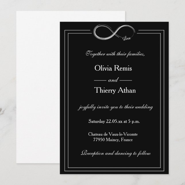 Invitation Panneau Infinity Noir et blanc Unique Mariage Chic (Devant / Derrière)