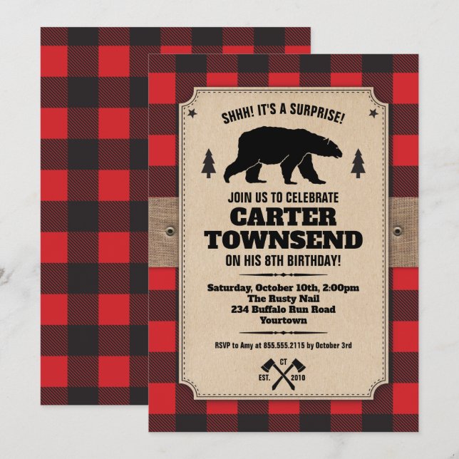 Invitation Panneau Kraft d'ours de bison plaqué rustique Anni (Devant / Derrière)