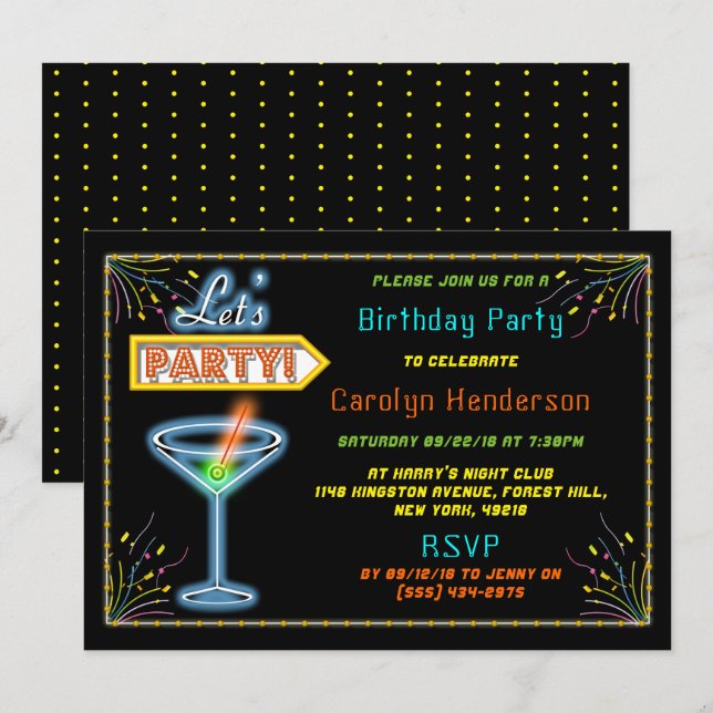Invitation Panneau Neon "Faisons la fête" Coctail Anniversair (Devant / Derrière)