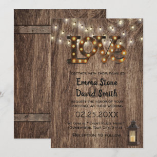 Invitation Panneau Rustique Amour Mariage Lanterne & Lumières
