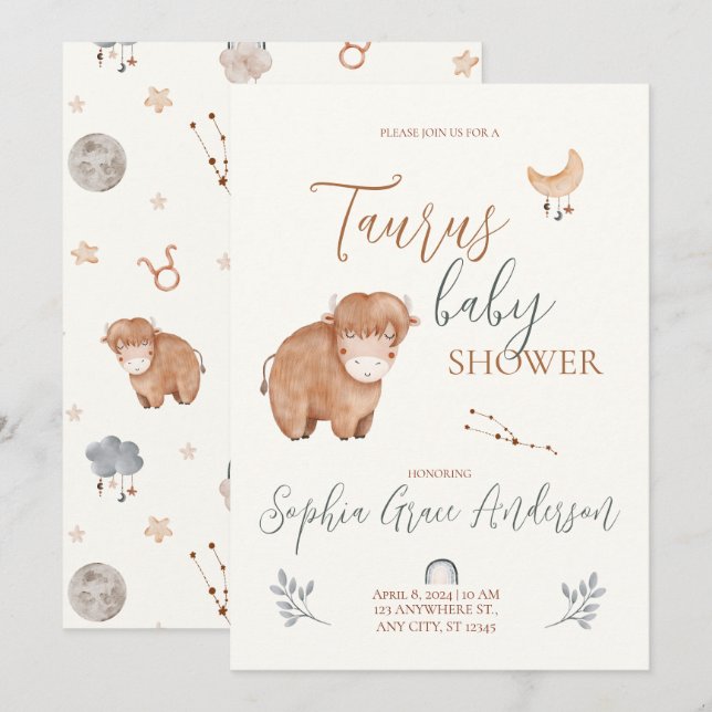 Invitation Panneau Taurus Zodiac baby shower (Devant / Derrière)