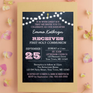 Invitation Panneaux de Chalkboard Pink First Communion Invita