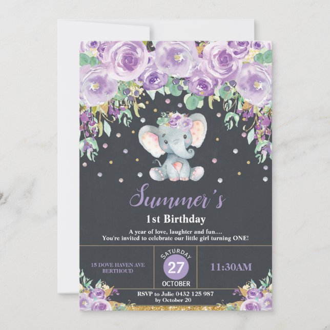 Invitation Panneaux d'éléphant floral pourpre 1er anniversair (Devant)
