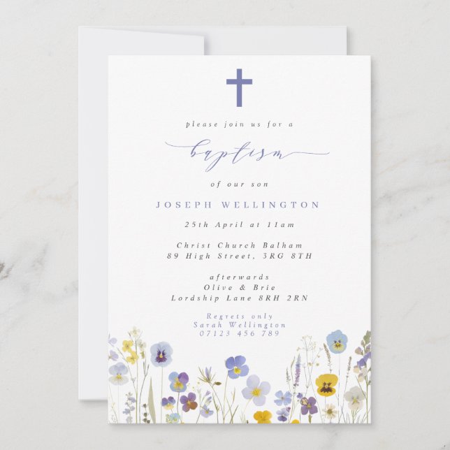 Invitation Pansies bleues et jaunes Baptême Fleur sauvage (Devant)