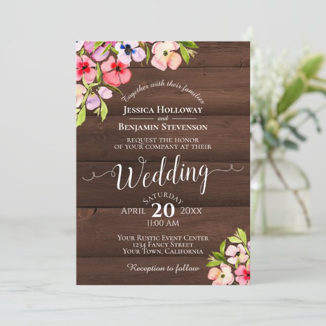 Invitation Pansies d'aquarelle rustique sur Mariage de bois d (Debout devant)