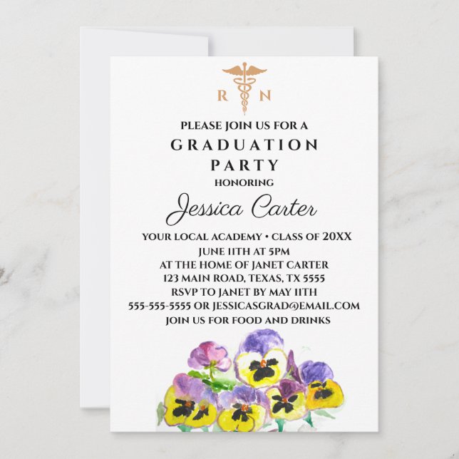 Invitation Pansies de typographie des infirmières diplômées e (Devant)