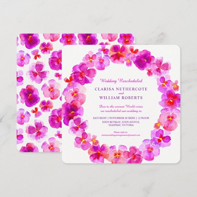 Invitation Pansies roses aquarelle mariage reprogrammé (Devant / Derrière)