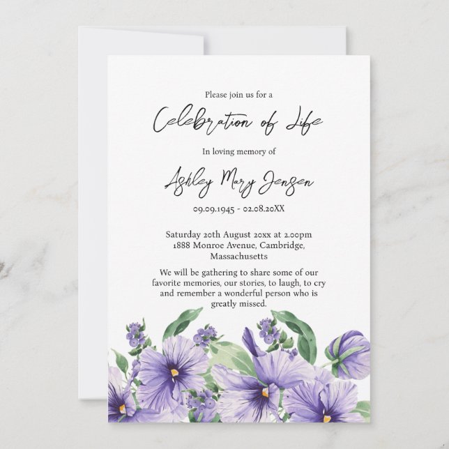 Invitation Pansy Celebration of Life Photo Funeral  (Dos)