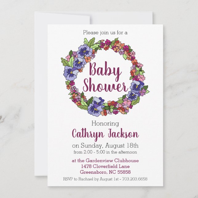 Invitation Pansy Impatiens Wreath Purple et Baby shower rose (Devant)