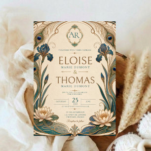 Invitation Paon Art Nouveau Mariage Tonalités Dorées Botaniqu