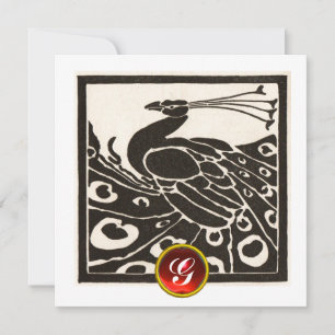 INVITATION PAON BLANC NOIR ÉLÉGANT, MONOGRAMME GEMME RUBIS RO