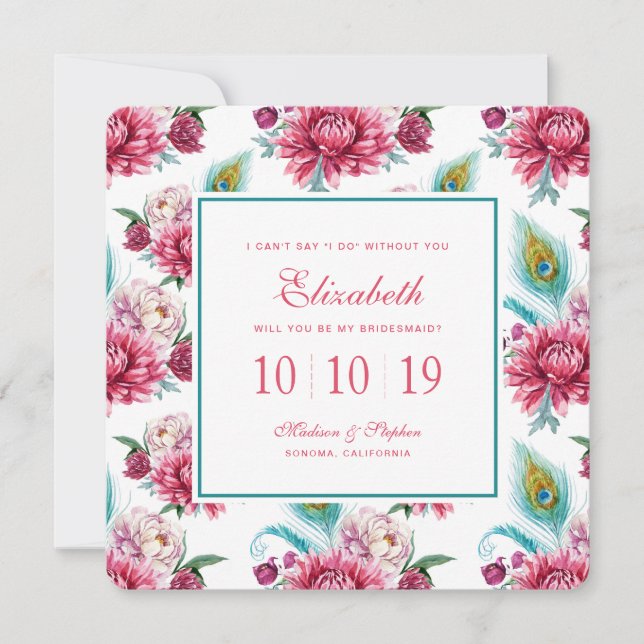 Invitation Paon d'aquarelle et floral rouge - demoiselle (Devant)