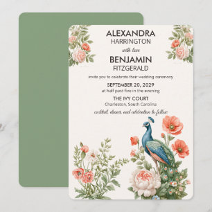 Invitation Paon de mariage botanique Art floral vintage