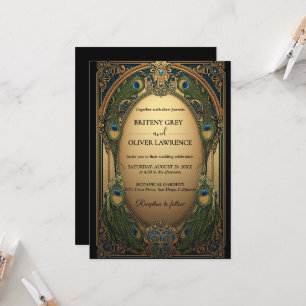 Invitation Paon élégant Art Nouveau mariage floral vintage