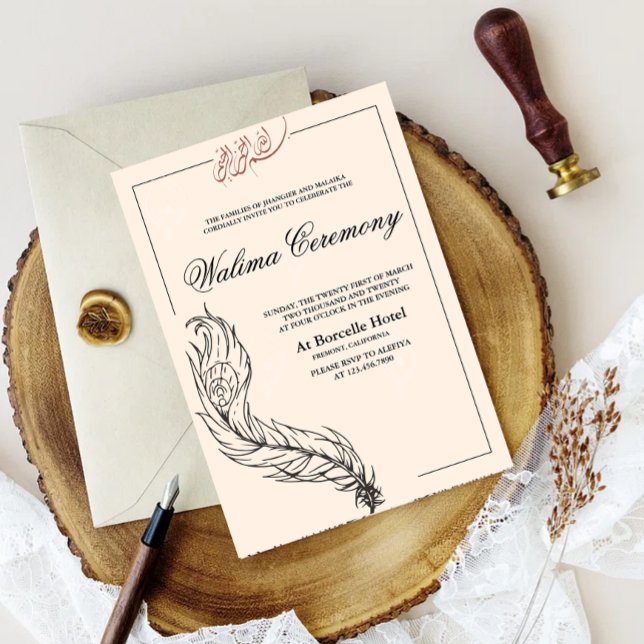 Invitation paon illustré à la main Walima arabe (illustrated handdrawn peacock border walima cermony invitation card)