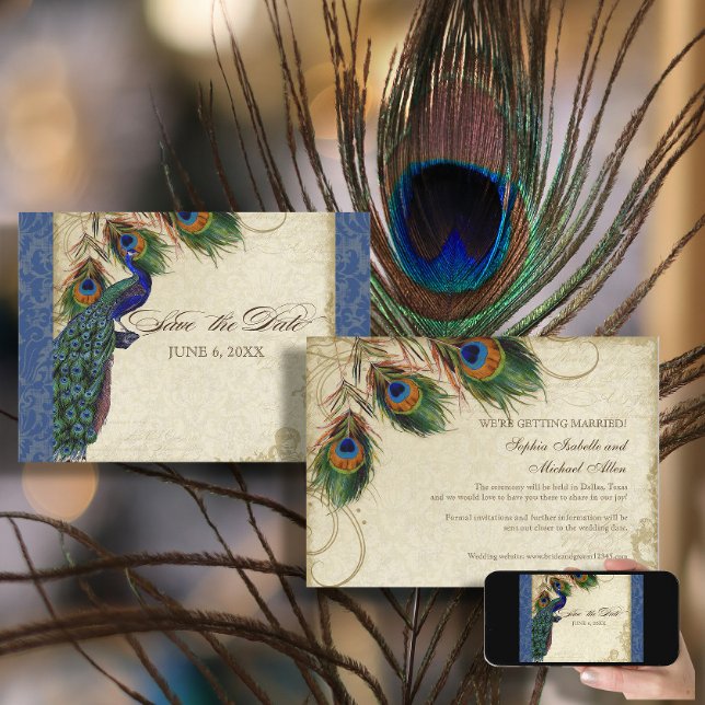Invitation Paon & Plumes Formel Épargnez la date Bleu marine (Créateur téléchargé)