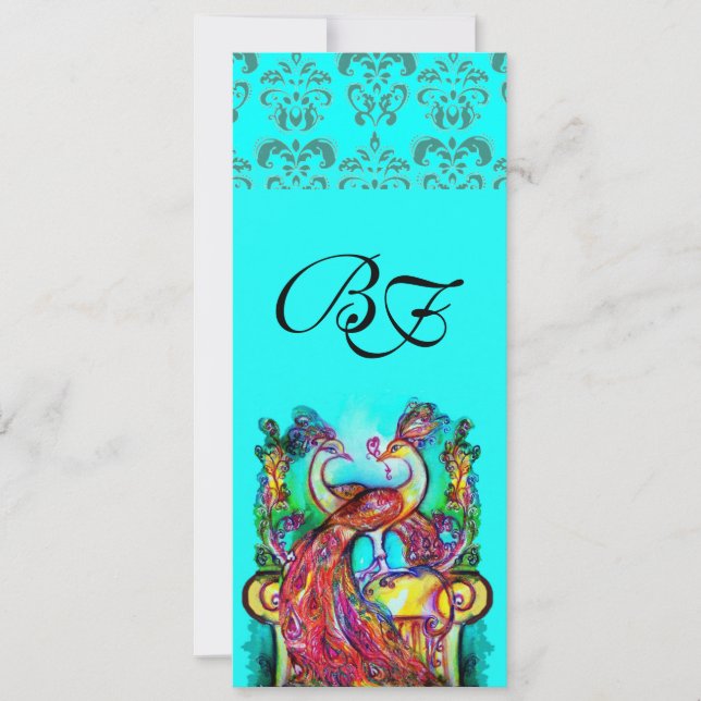 INVITATION PAONS AMOUREUX BLEU AQUA TURQUOISE DAMASK MONOGRAM (Devant)