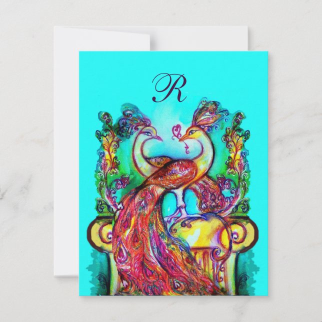 Invitation PAONS AMOUREUX MONOGRAMME rouge bleu turquoise ver (Devant)