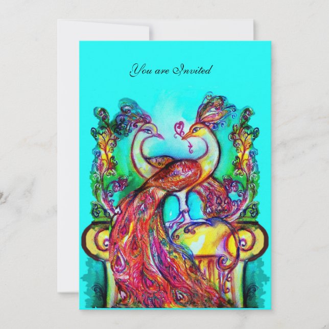 Invitation PAONS AMOUREUX Rouge Sarcelle Vert Aqua Bleu Maria (Devant)