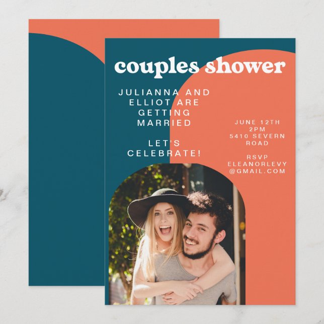 Invitation Papaya rétro et Peacock Blue Photo Couples Douche (Devant / Derrière)
