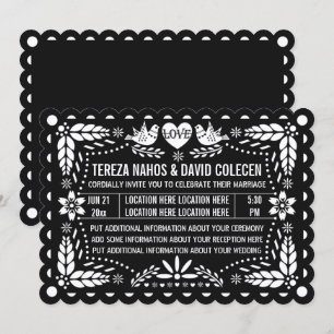 Invitation Pape noir blanc picado inséparables mariage de la 