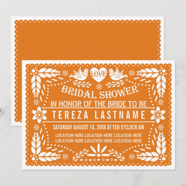 Invitation Pape orange picado oiseaux mariage douche nuptiale (Devant / Derrière)