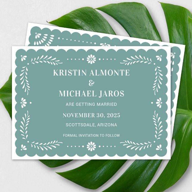 Invitation Papel moderne Picado Enregistrer la date (Modern Papel Picado Save The Date in Sage)