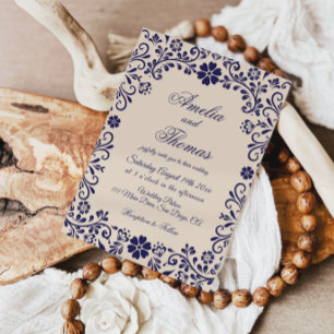 Invitation Papel Picado Beige Bleu Mariage Mexicain 