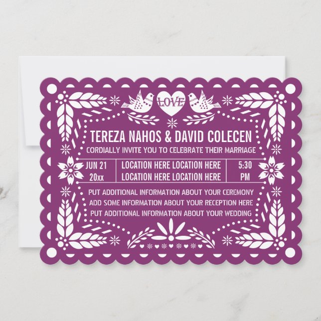 Invitation Papel picado inséparables violet fiesta mariage (Devant)