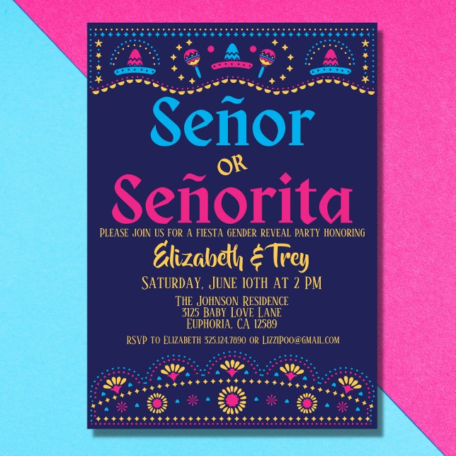 Invitation Papel Picado Révélation de genre Fiesta (A fun Mexican Inspired Papel Picado baby gender reveal invitation. )