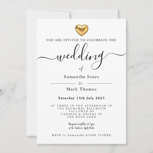 Invitation Papeterie Mariage Gold Heart simple et moderne (Devant)