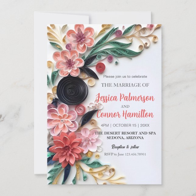 Invitation Papier Abstrait Quilling Floral Mariage vert (Devant)
