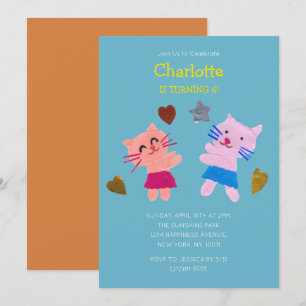 Invitation Papier bleu Anniversaire de enfant Cute Cats Collé