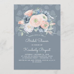 Invitation Papier bleu Dusty et Fête des mariées florale rose