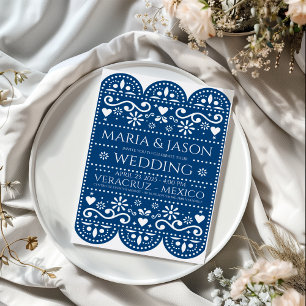 Invitation Papier bleu mexicain Picado Folk Art Mariage