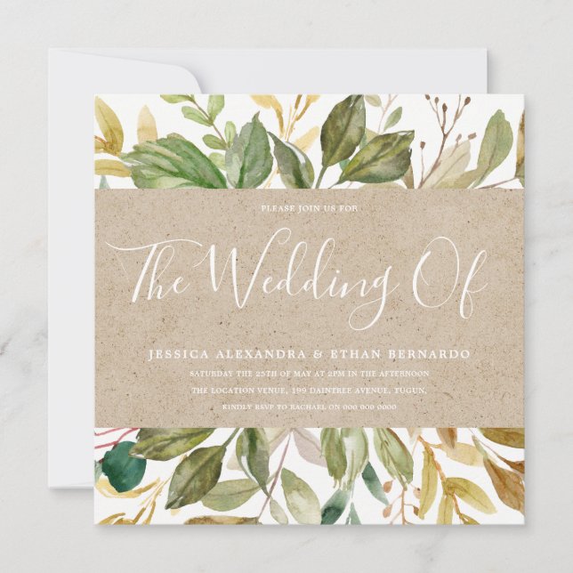 Invitation Papier d'artisanat en feuilles vertes Mariage d'ét (Devant)