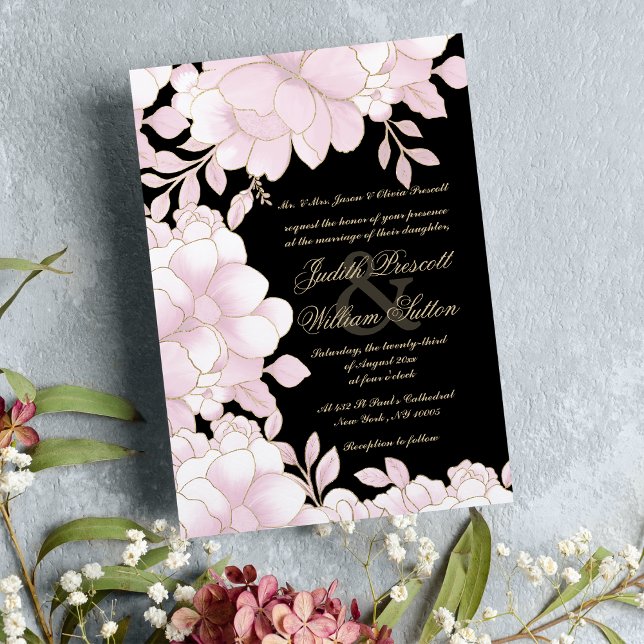 Invitation Papier doré noir rose clair élégant mariage floral (Blush pink black gold foil elegant floral wedding invitation)