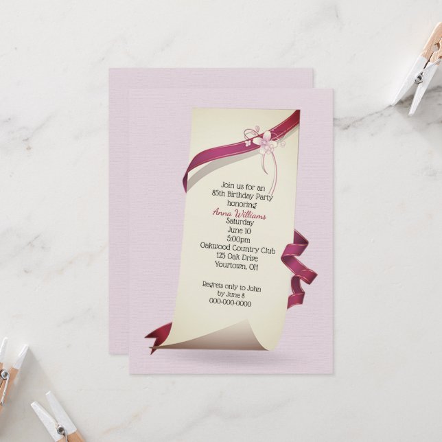 Invitation Papier Enroulé Pour Fête D'anniversaire 85 Ans (Devant/Arrière en situation)