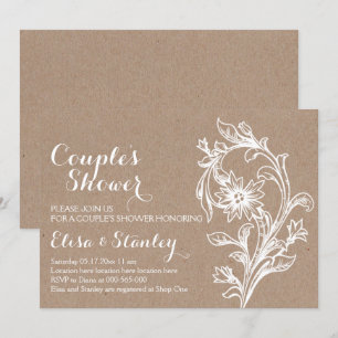 Invitation Papier Kraft blanc fleuri mariage couples douche
