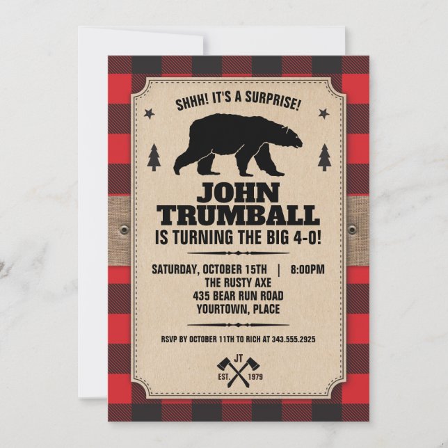Invitation Papier Kraft Rustique Aspect Plaid Buffalo avec Ou (Devant)