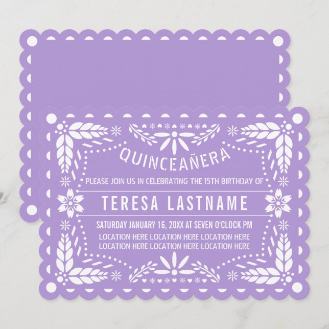 Invitation Papier mauve picado fleurs Quinceañera (Devant / Derrière)