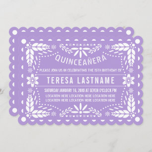 Invitation Papier mauve picado fleurs Quinceañera