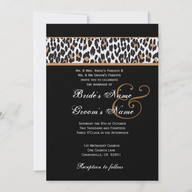 Invitation Papier métallique Mariage de léopard noir et blanc (Devant)